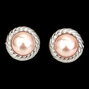 Vintage 1980s Marvella Clip Earrings Silver Tone Pink Pearl - 1E